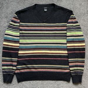Vintage Y2K Mens Large Merino Wool Striped Grandpa Sweater Rainbow V-Neck Cezani